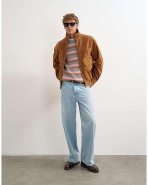 TOPMAN Relaxed Fit Faux Suede Funnel Neck Bomber With Double Zip - White
