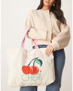 Accessorize Mon Cheri Shopper Tote Bag With Cherry Detail - Natural