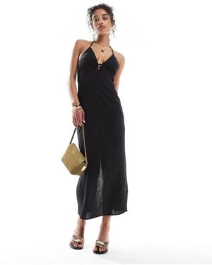 Bershka Halterneck Linen Maxi Dress - Black