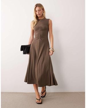 Mango Ruched Detail Sleeveless Midi Dress - Natural