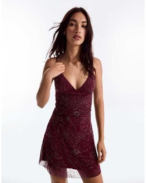 Bershka Mesh-minikleid mit strass - Rot
