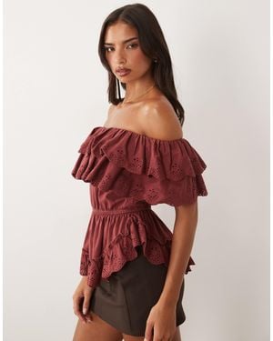 ASOS Bardot Top With Tie Broderie Frills - Red