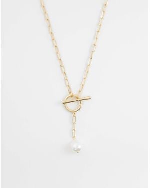 ASOS Long Lariat Necklace With T-bar Faux Freshwater Pearl - White