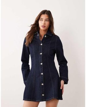 Miss Selfridge Denim Button Through Cinched Waist Mini Dress - Blue