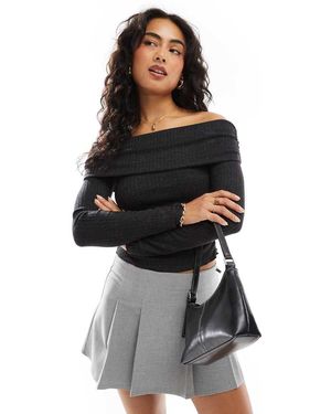 Bershka Ribbed Bardot Top - Black