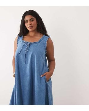 ASOS Asos Design Curve Denim Frill Detail Mini Dress With Pockets - Blue