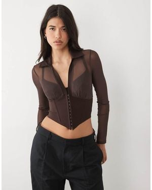 ASOS Long Sleeve Mesh Corset Top With Hook And Eye - Black
