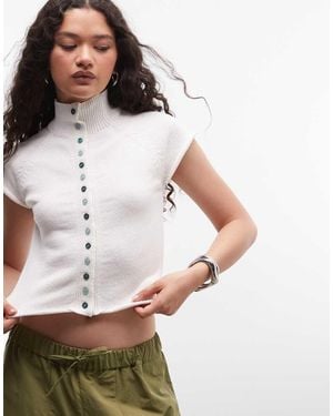 Reclaimed Vintage Button Through High Neck Compact Knitted Tank - White