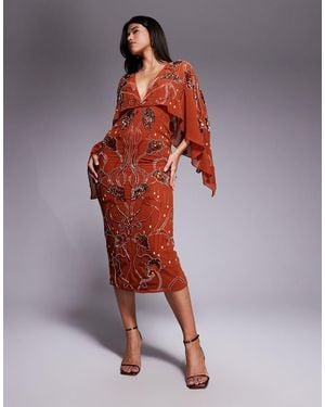 ASOS Cape Midi Dress With Floral Embellishment - Red