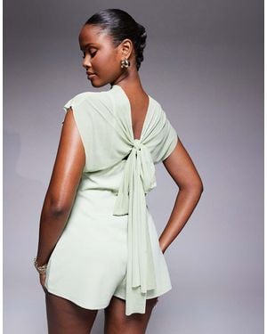 ASOS Oversized Puff Sleeve Sheer Overlay Playsuit In - Green