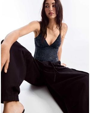 Bershka Rhinestone Mesh Strappy Top - Black