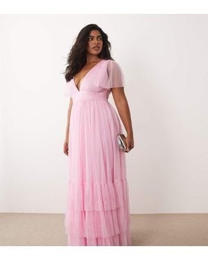 Lace & Beads Plus Bridesmaid Madison Smocked Flutter Sleeve Tiered Maxi Dress - Pink