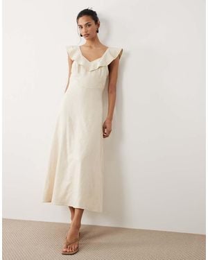 Mango Linen Mix Midi Dress With Ruffle Detail - Natural