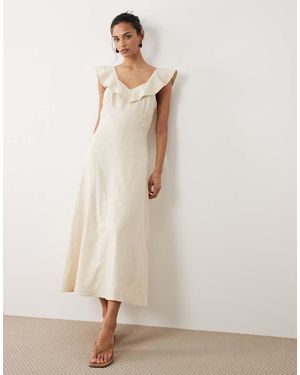 Mango Midi Jurk Van Linnenmix Met Ruches - Naturel