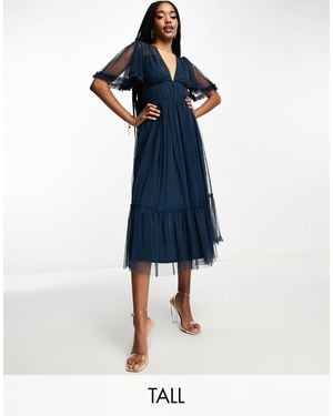 Beauut Tall Bridesmaid Tulle Midi Dress With Flutter Sleeve - Blue
