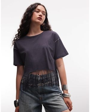 Noisy May Fringed T-shirt With Stud Detail - Blue