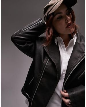 TOPSHOP Curve Faux Leather Vintage Washed Oversized Biker Jacket - Black