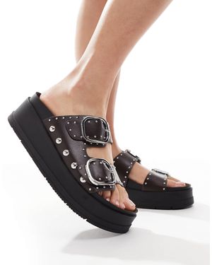 Bershka Buckle Detail Flatform Sandals - Black