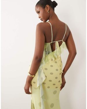 ASOS Mesh Spliced Polka Dot Plunge Maxi Dress With Backless Frill Detail - Green