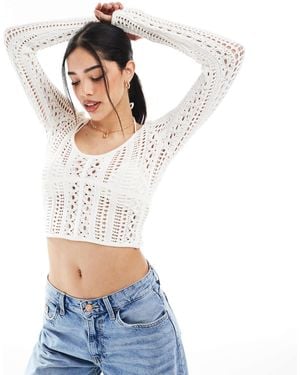 Bershka Crochet V-neck Top - White