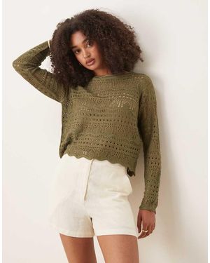 Jdy Boat Neck Long Sleeve Crochet Top - Green