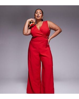 ASOS Asos Design Curve Wrap Front Cut Out Jumpsuit With Buckle Detail - Red