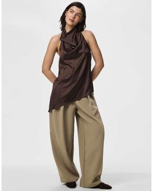Pieces Halter Neck Satin Asymmetric Hem Top - Brown