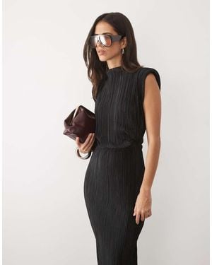 ASOS Plisse High Neck Column Midi Dress With Shoulder Pads - Black