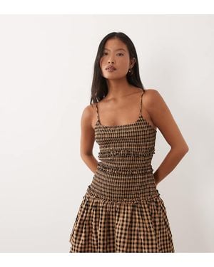 ASOS Asos Design Petite Crinkle Mini Dress With Shirred Dropped Waist - Brown