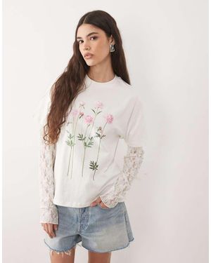 Miss Selfridge Oversized T-shirt With Lace Sleeve And Flower Print - White