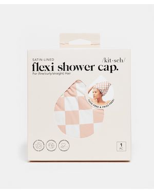 Kitsch Satin-lined Flexi Shower Cap - Terracotta Checker - White