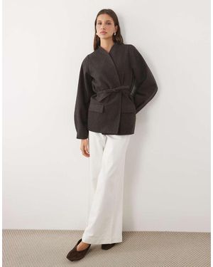 Threadbare Blazer Met Imitatiewollen Look, Zonder Kraag En Met Ceintuur - Grijs