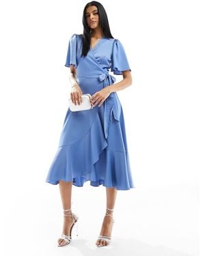 Y.A.S Bridesmaid Satin Wrap Midi Dress - Blue