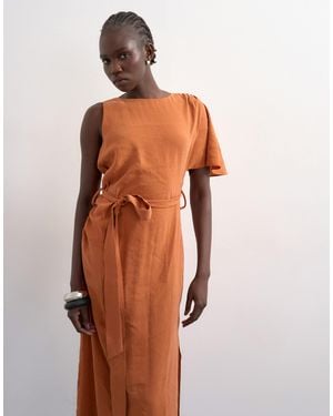 TOPSHOP Asym Sleeve Tie Waist Cupro Maxi Occasion Dress - Brown