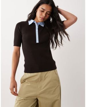 Mango Short Sleeve Contrast Tipping Polo Top - Black