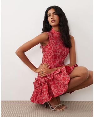 Sister Jane Exclusive Jacquard Sleeveless Cinched Waist Bow Hem Mini Dress - Red