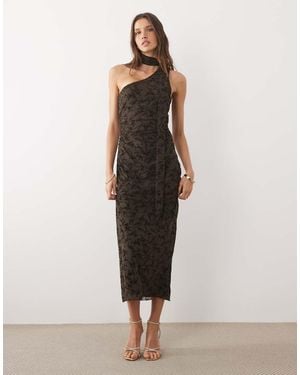 Mango One Sleeve Velour Midi Dress With Neck Detail - Brown