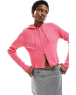 Monki Knitted Zip Through Cardigan With Hood - Pink