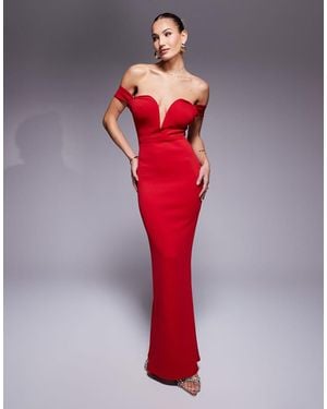 True Violet Plunge Neck Off Shoulder Maxi Gown - Red