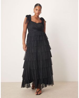 Lace & Beads Plus Lace Bow Shoulder Tiered Maxi Dress - Black
