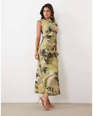 ASOS Satin High Neck Pleated Bodice Midi Dress - Natural
