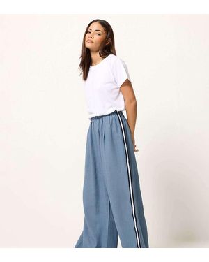 PixieGirl Petite Side Stripe Linen Wide Leg Trousers - Blue