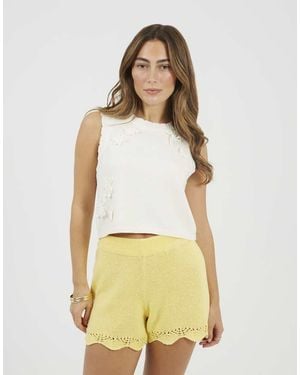 Brave Soul Knitted Crew Neck Tank With Crochet Flowers - Natural