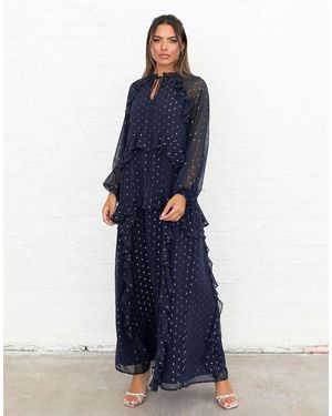 ANAYA Foil Chiffon Long Sleeve High Neck Ruffled Maxi Dress - Blue