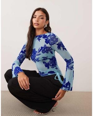 ASOS Flocked Mesh Drawstring Detail Top With Flute Sleeve - Blue