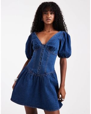 Miss Selfridge Puff Sleeve Denim Mini Dress - Blue