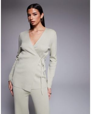 Kaiia Exclusive Ribbed Knit Wrap Front Top Co-ord - Gray