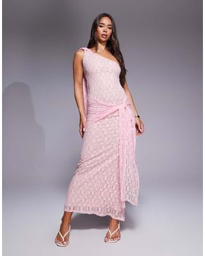 ASOS One Shoulder Lace Maxi Dress With Knotted Skirt Detailing - Pink