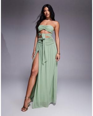 Aria Cove Mesh Bandeau Cut Out Tie Waist Thigh Slit Maxi Dress - Green
