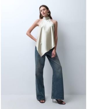 Pieces Neckholder-top aus satin mit asymmetrischem saum - Blau